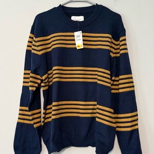 Sun + Stone Navy Crewneck Sweater with Mustard Stripes